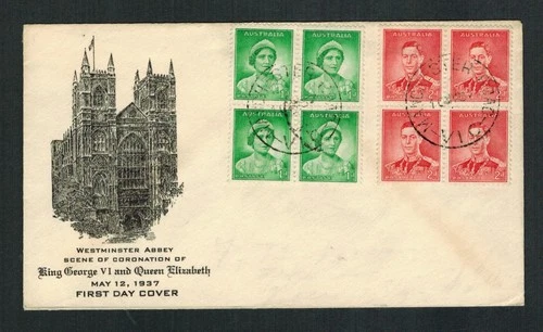 Australia 1937 1d QE & 2d KGVI Coronation blocks of 4, on cacheted FDC 10 MY 37