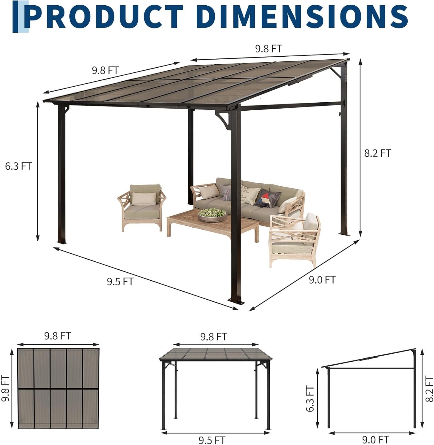 10' x 10' Outdoor Lean to Gazebo Large Wall-Mounted Gazebo for Patio with Roof