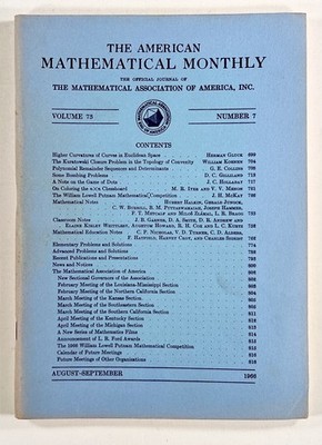 1966 Aug AMERICAN MATHEMATICAL MONTHLY Euclidean Higher Curvatures Game of Dots