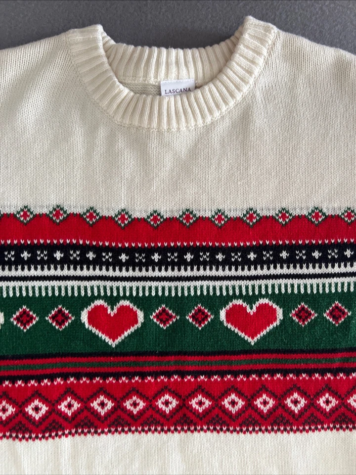 Lascana Women's Knit Sweater Crew Neck White with Hearts and Stripe US Sz 0/2 XS - Image 4 of 4