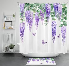 Spring Green Eucalyptus Leaf Purple Floral Shower Curtain Set for Bathroom Decor