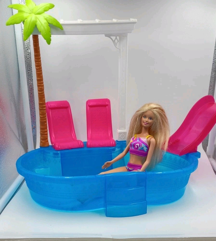 Barbie Pink Glam Swimming Pool Playset Toy Lounge Chairs Sli