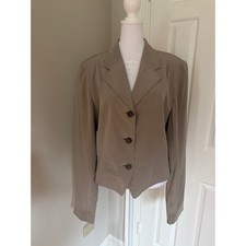 Halston Women 100 Silk Blazer Jacket Taupe Brown 3-Button Size 10 Vintage Style