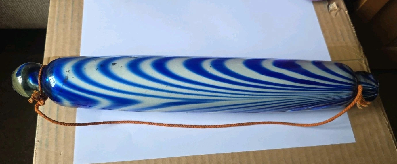 Antique Victorian Nailsea Blue Swirl Glass Rolling Pin