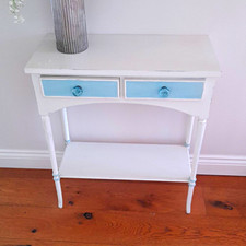 White & Blue Wood Console Table 65x30x75cm, 2 Drawers, Shelf, Storage
