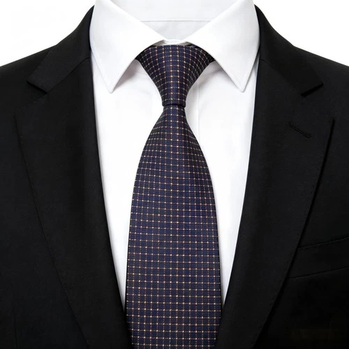 New Classic Checks Dark Blue Gold 100% Silk Men's Tie Fashion Necktie 3.15''
