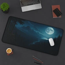 Moonlit Mountain Desk Mat, Nightscape Office Decor, Nature Themed Mouse Pad,