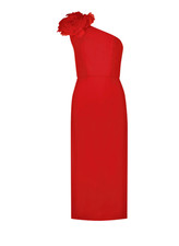 Mac Duggal Women's Size 4 Red Crepe One Shoulder Midi Cocktail Evening Dress