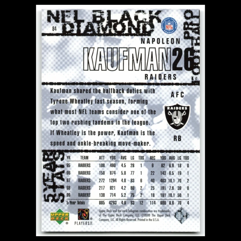 Napoleon Kaufman #84 2000 Upper Deck Black Diamond Oakland Raiders Football Card - Image 2 of 3