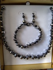 Faceted Bead Necklace Pierced Earrings And Bracelet Boxed Set