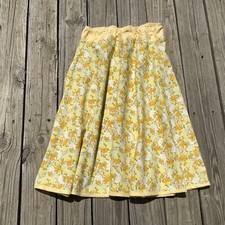 Cheerful Yellow Floral Skirt LARGE MIDI Elastic Waist Long Flared Cotton Skirt