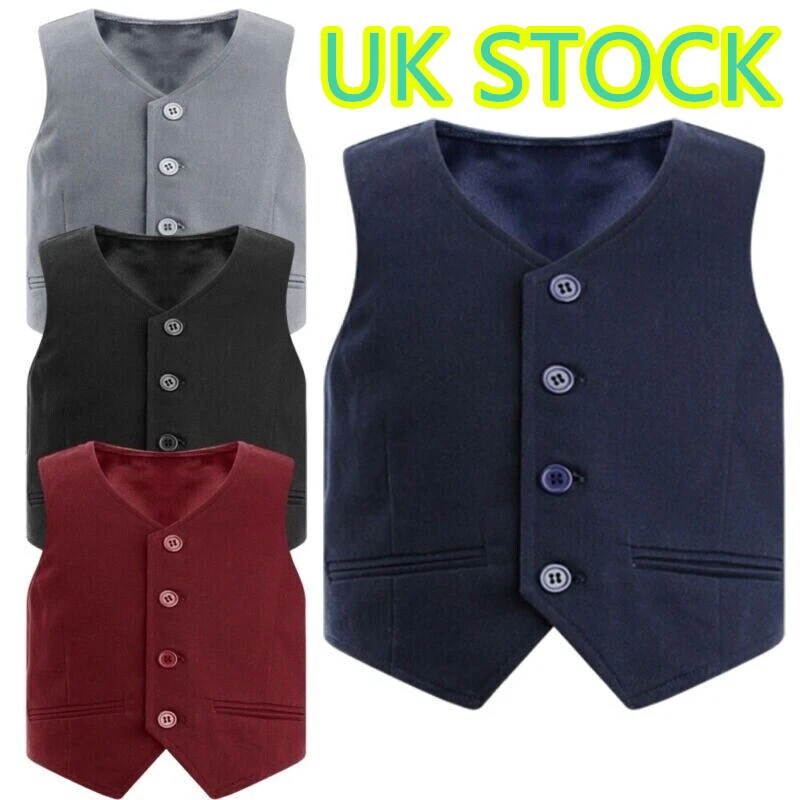 UK Kids Boys 4 Button Solid Color Formal Suit Waistcoat Dressy Gentleman Vest - Image 1 of 1