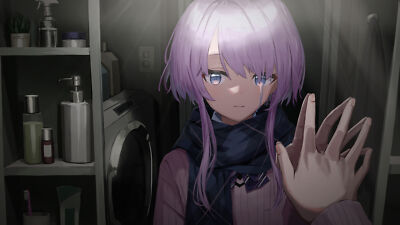 Anime girls crying bathroom mirror reflection pov purple playmat gaming mat