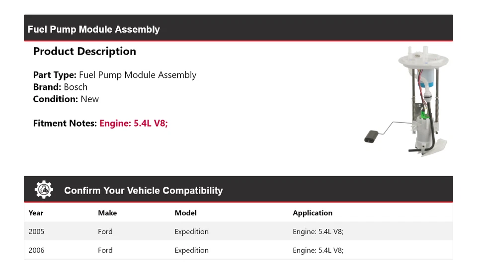 适用于 2005 - 2006 年福特 Expedition 5.4L V8 博世燃油泵模块组件 — 第 2/4 张图片