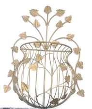 Wall Basket Planter Metal Cottage Country Floral Farm House Brass Tone