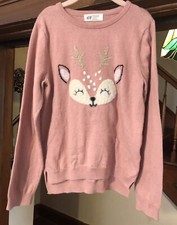 H M Girl  s Pink Dusty Rose Deer Sweater Glitter Antlers Size 6X/7 Motif