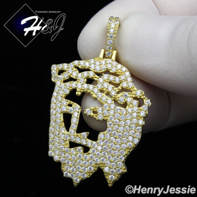 MEN 925 STERLING SILVER ICY CUBIC ZIRCONIA GOLD PLATED JESUS FACE ...