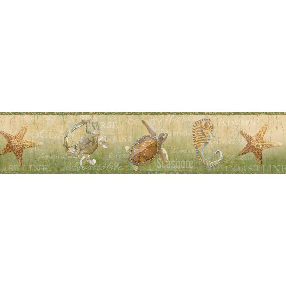 Green Coastal Ocean Starfish, Turtle, Easy Walls Wallpaper Border
