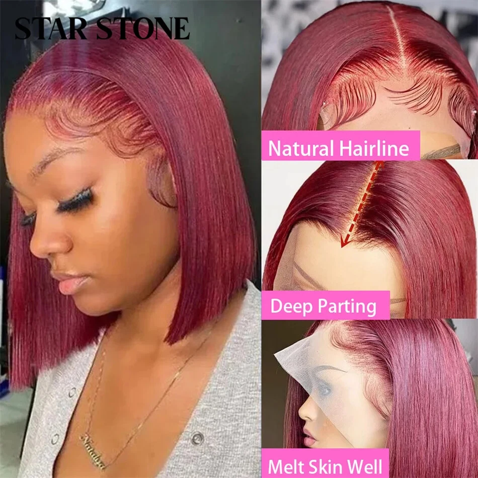 Perucas curtas vermelhas 99j frente de renda reta cabelo humano brasileiro pré-arrancado - Imagem 3 de 4