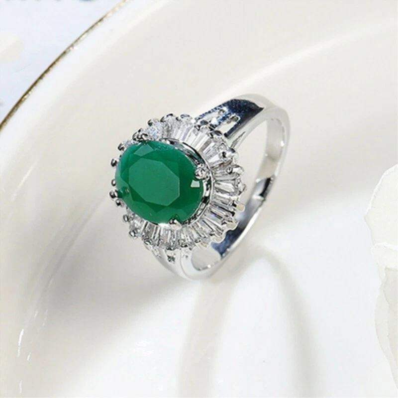 Anillo de compromiso verde/rojo corte ovalado AAA circonita cúbica relleno de oro blanco regalo talla 6-10 Foto 3 de 4