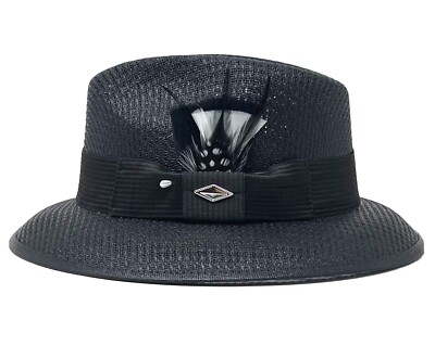 Whittier Viejo Lowrider Fedora Straw Hat Mens Black With Black & White Feather