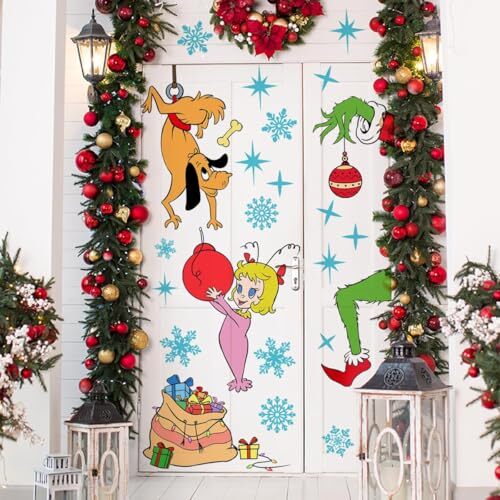 38.97 x 29.92 Inch Christmas Door Stickers Cute Christmas Girl Dog