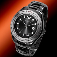 NEW EMPORIO ARMANI BLACK TONE SILVER INTERNATIONAL TIME ZONE BEZEL WATCH AR0587
