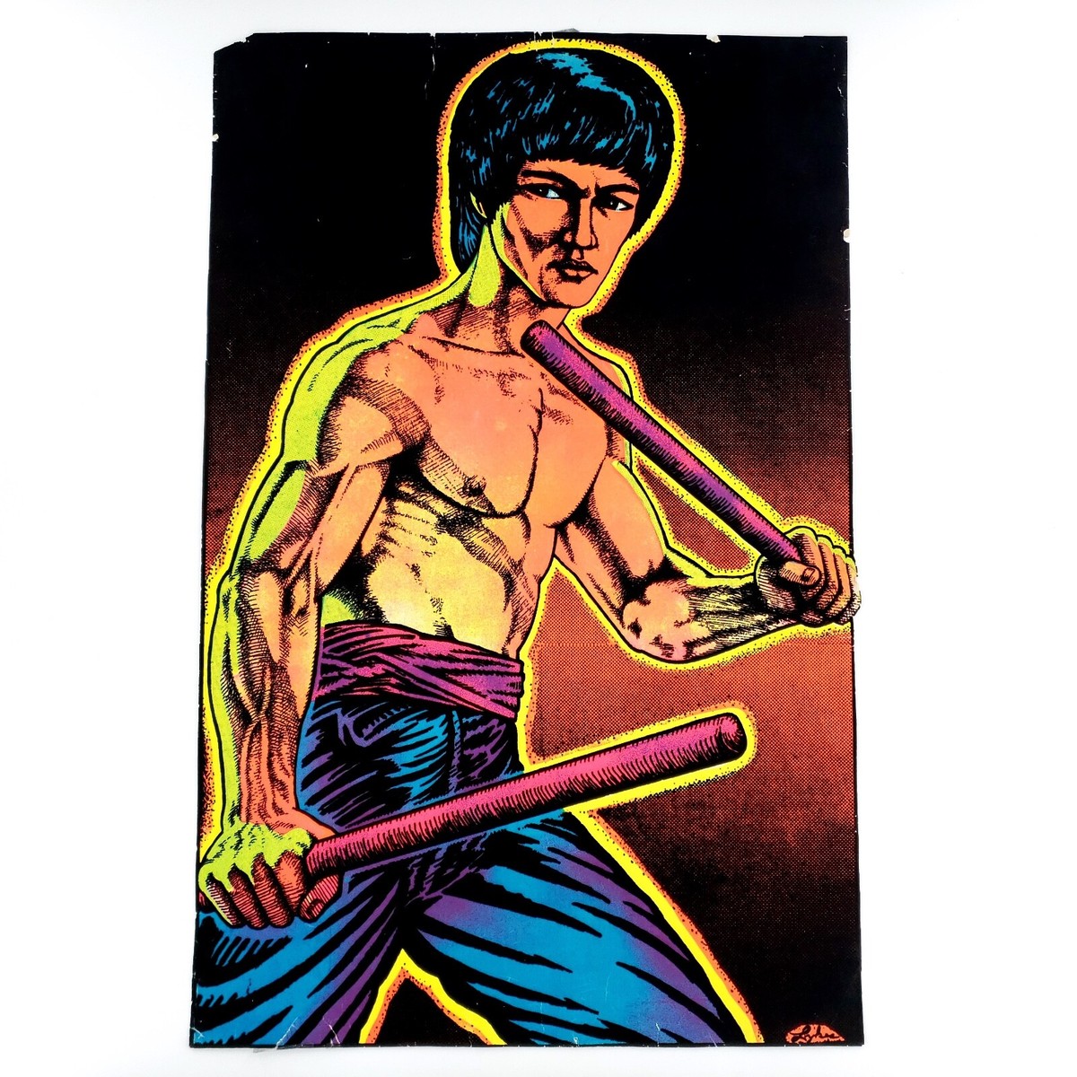 Vintage Bruce Lee Big Boss Flocked Velvet Black Light Poster 33.5