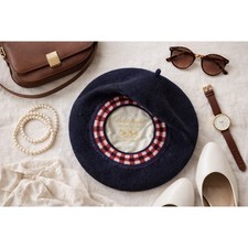 Beret Basque Navy Blue 100 Wool Deluxe Vintage Hat Made in France Checkered