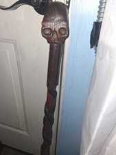 Hand Carved Wood Skull Walking Stick Twisted Staff Folk Art Cane