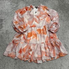 Express Floral Tiered Babydoll Mini Dress Womens Small Orange Chiffon Balloon