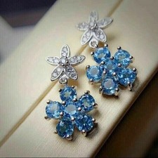 2.60 Ct Round Lab Created Blue Topaz Drop Dangle Earrings 14K White Gold Plated