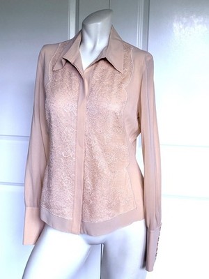 HERVE LEGER Paris SILK LACE DETAIL LONG SLEEVE BEIGE BLOUSE SIZE: 6