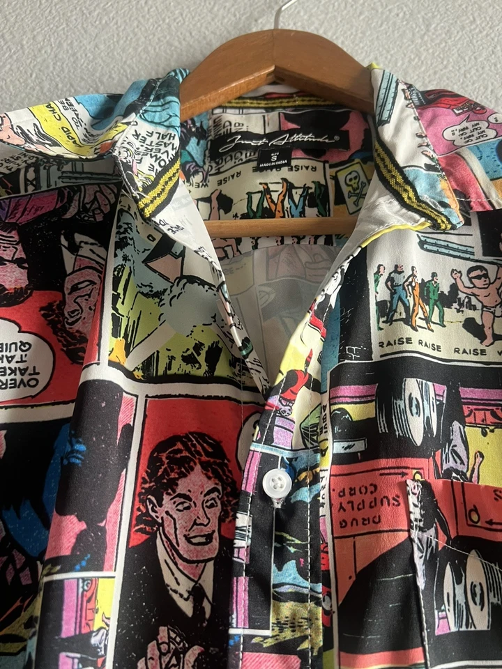 Just Attitude Comic book Strip Cartoon Button Front collared Shirt Size Small - Image 3 of 4