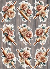 Rolling Pin and Peonies Vinyl Stickers Set Scrapbooking Laptop Waterbottle