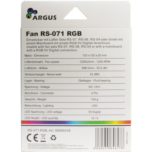 Unbekannt Intertech Argus RS-071 RGB 120mm Case Fan with RGB Crystal Effect - Afbeelding 6 van 6