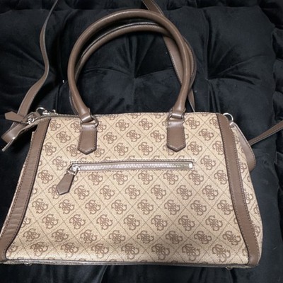 GUESS Beige Brown Logo Satchel with Double Handles, Zip Closure & Inner Pockets