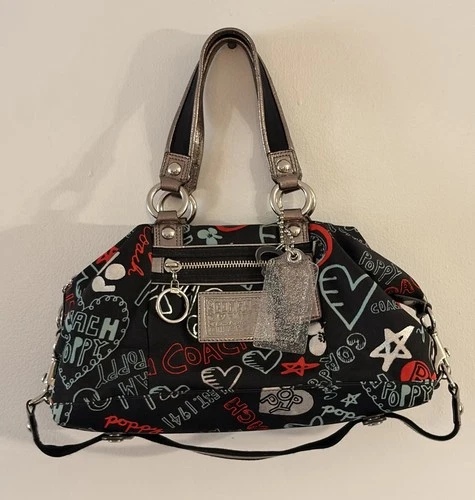 COACH Poppy Hobo Bag -Black Red White Graffiti Print Retired Handles And Strap