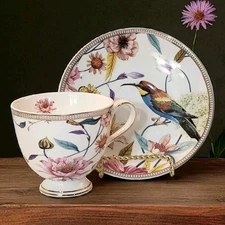 Grace’s Teaware Daisy and Bird Tea Cup and Saucer Set Floral 4oz Discontinued EC