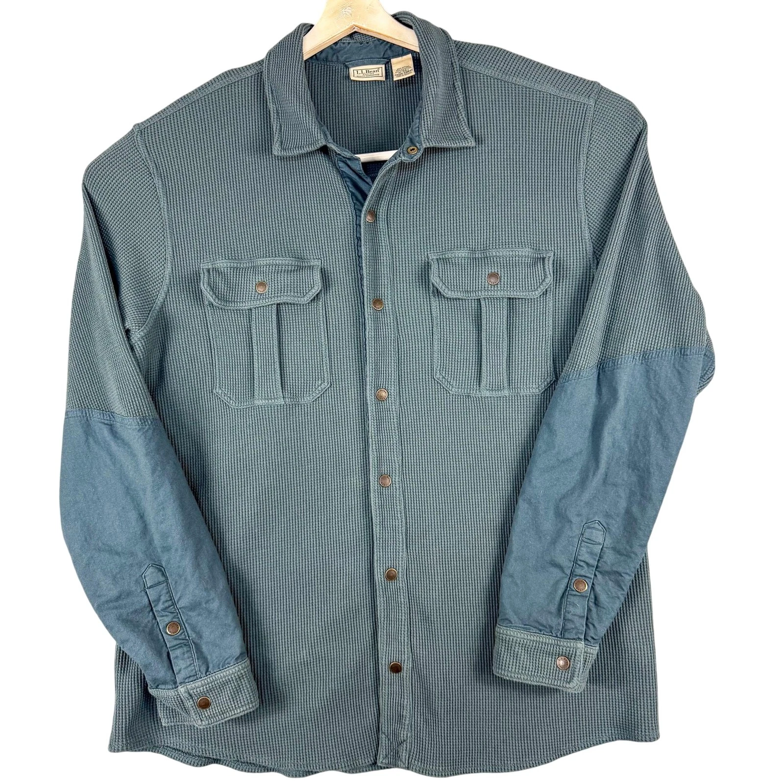 LL Bean Shirt Jacket Mens XL Tall Blue Waffle Knit Snap Front Thermal 518840