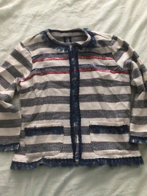 Rinascimento Italy Tweed Jacket Size M Nautical Striped Sequin Fringe Blazer