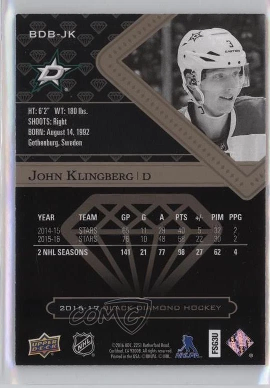 2016-17 Upper Deck Black Diamond Pure Black /99 John Klingberg #BDB-JK - Image 2 of 2