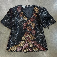 Vintage Stenay 100 Silk Size Small Floral Sequin Beaded Blouse Top