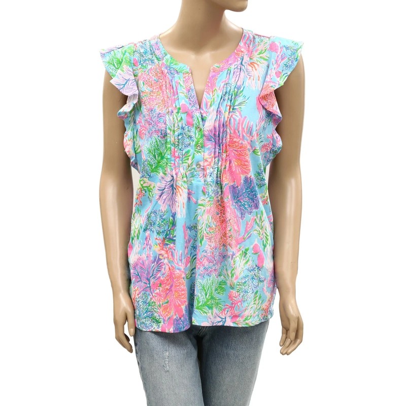 Lilly Pulitzer Golda Blouse Top Ruffle Pintuck Floral Printed Cotton L 288231