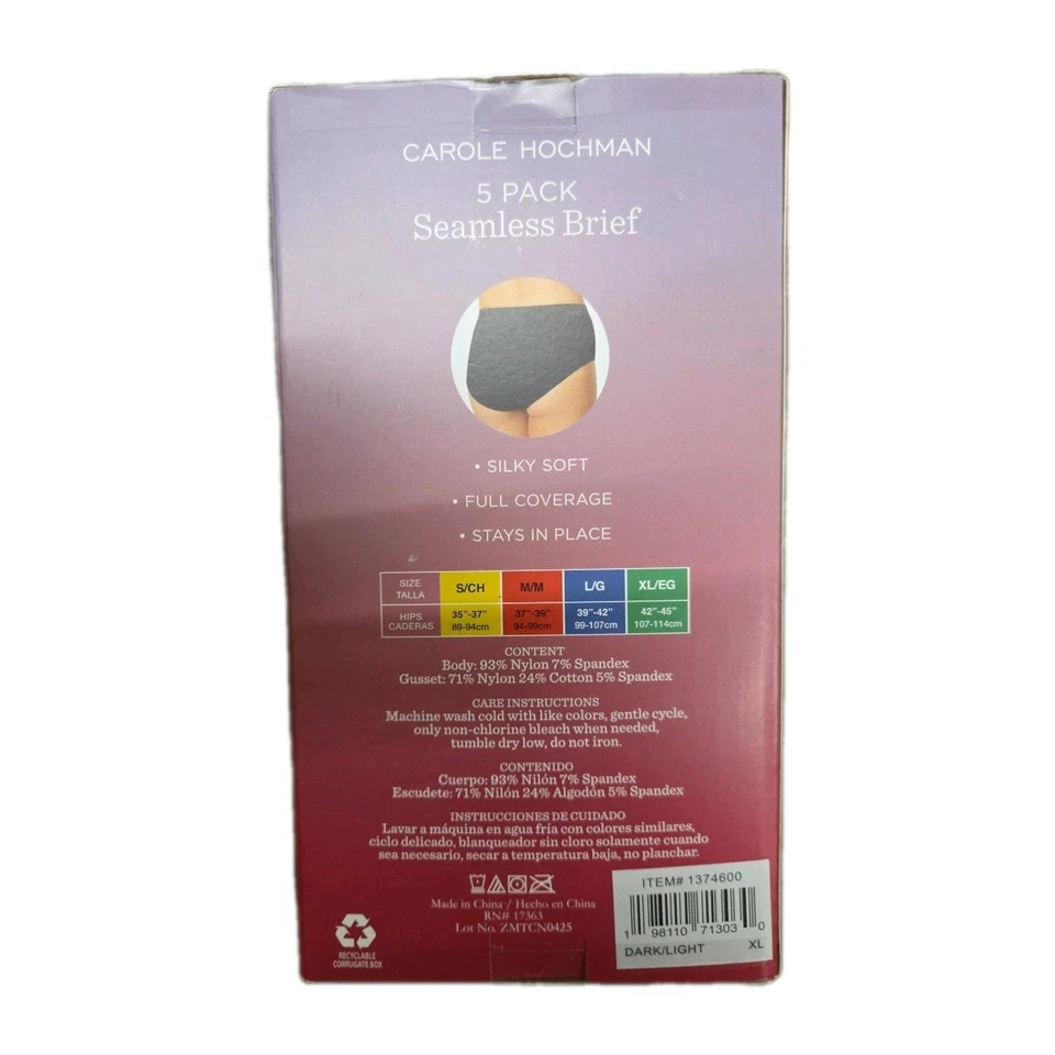 Paquete de 5 calzoncillos sin costuras para mujer Carole Hochman cobertura completa, negro/beige, talla XL Foto 2 de 2