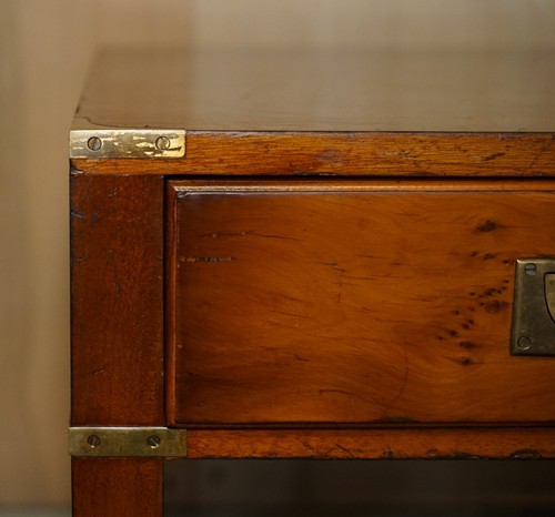 FULLY RESTORED BURR & BURL YEW BRASS MILITARY CAMPAIGN 3 DRAWER COFFEE TABLE - Picture 5 of 15