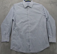 Perry Ellis Portfolio Button Up Shirt Men's L Slim Fit White with Blue Geometric