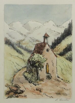 Sophie Wencke (1874-1963) signiertes Aquarell KAPELLE IM GEBIRGE - Bild 1 von 4