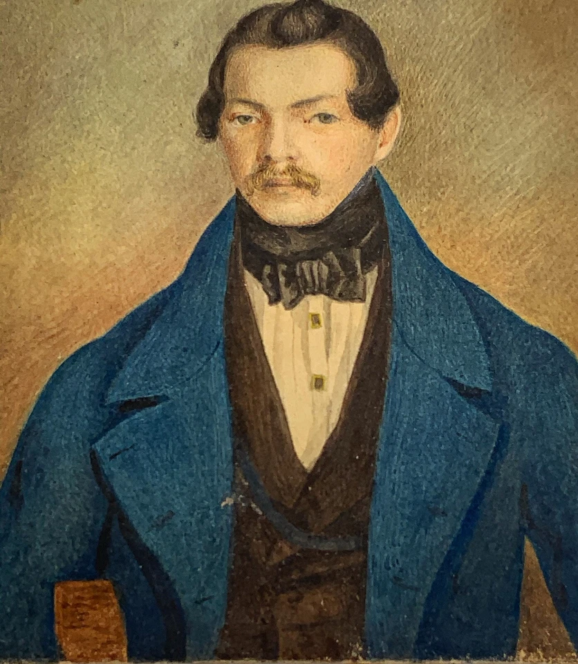 Antiguo retrato acuarela arte popular miniatura siglo XIX pintura joven firmado Foto 3 de 4