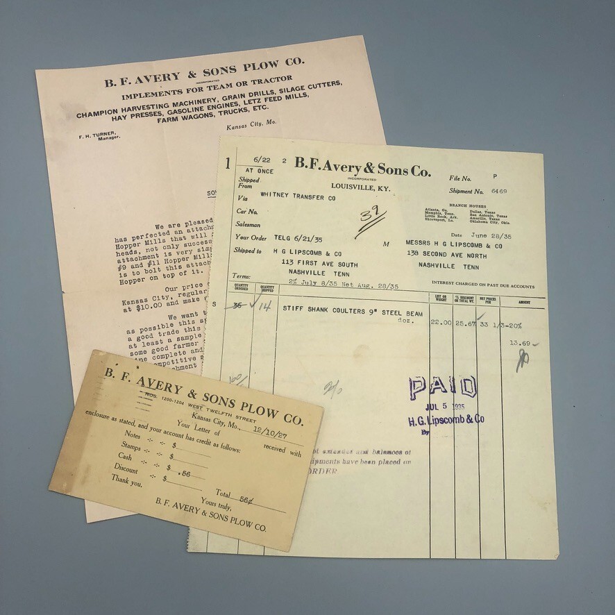 1922-1935 B F AVERY PLOWS Letter POSTCARD Receipt FARM Advertising Vintage